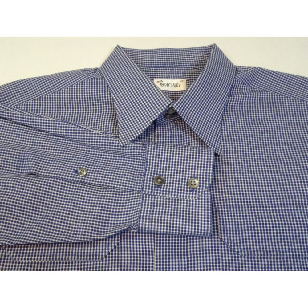 Ascot Chang Button Up Custom Made Measured Mens Shirt Large Navy & White Check